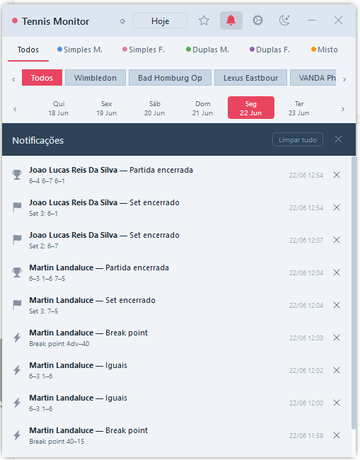 Histórico de notificações de partidas