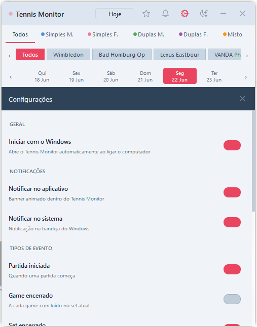 Painel de configurações